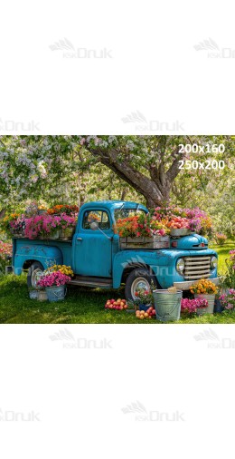 Tło fotograficzne „Turkusowy retro pickup w kwitnącym sadzie z jabłkami” | E_745